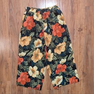 Vintage 100% Silk Tropical Floral Wide Leg Capri Pant Women's Medium Flowy Baggy